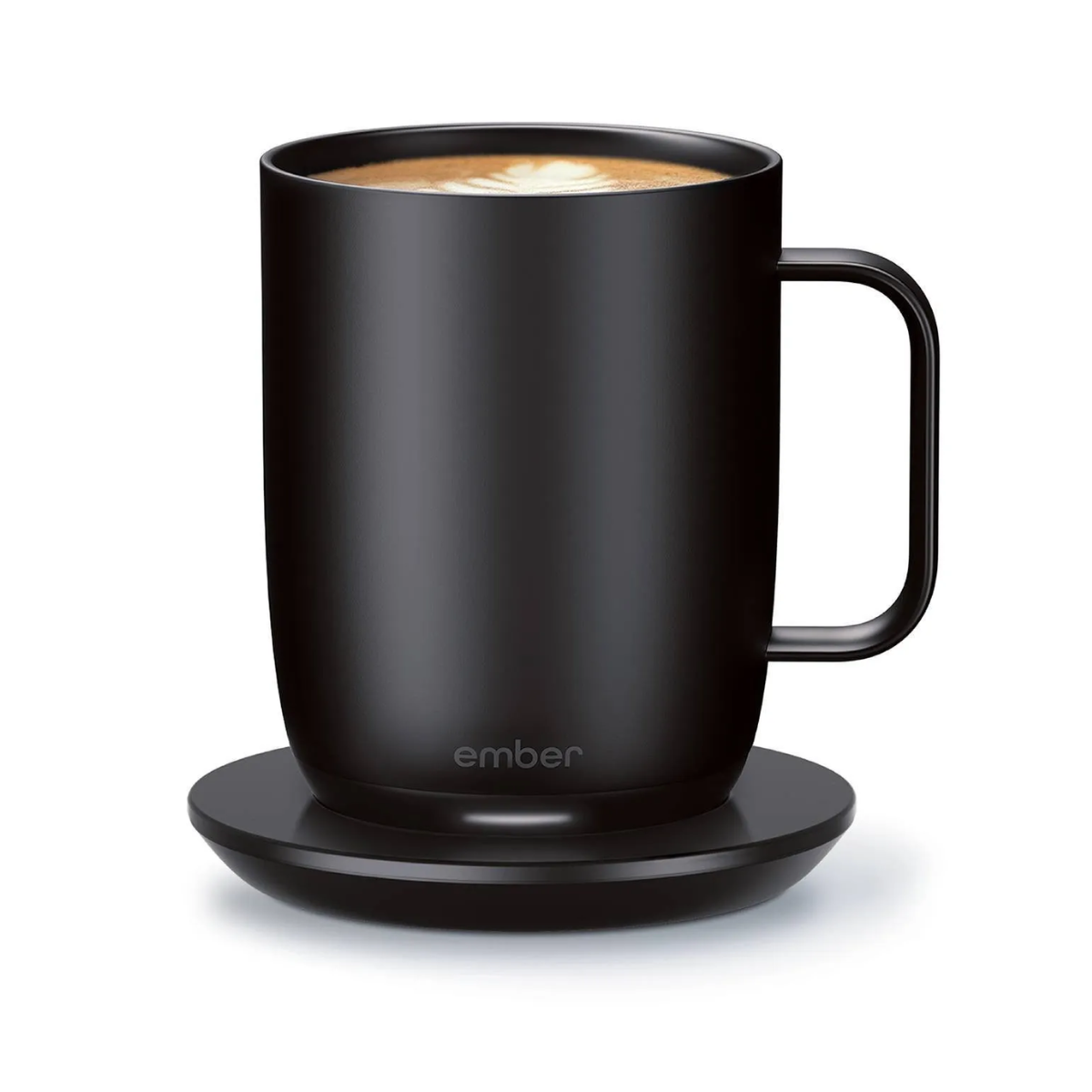 A black Ember Mug 2 temperature-control smart mug on its charging coaster, an ideal corporate technology gift for employees.